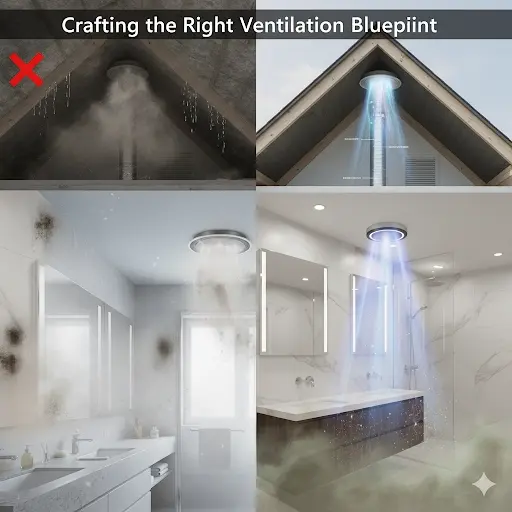 Bathroom ventilation comparison showing poor airflow with mold buildup versus proper exhaust ventilation in a modern bathroom.