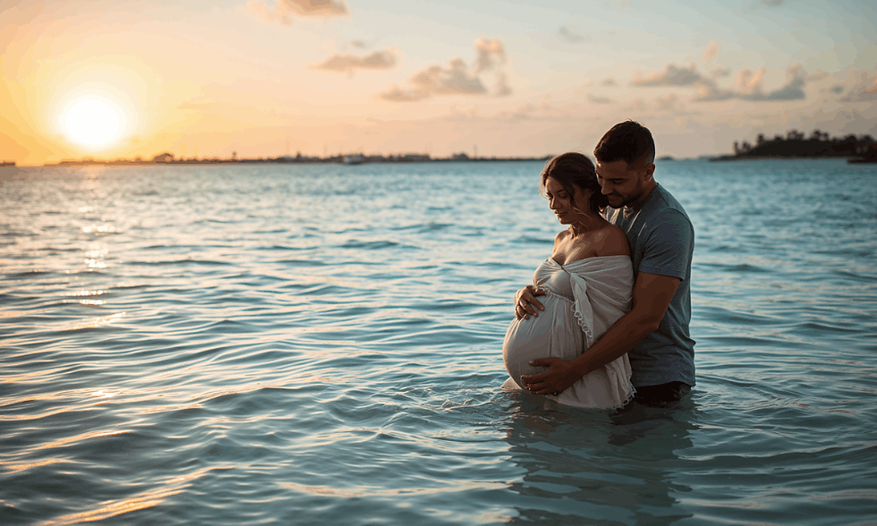 Pregnant couple standing in shallow turquoise water at sunset for babymoon maternity photos in Turks and Caicos