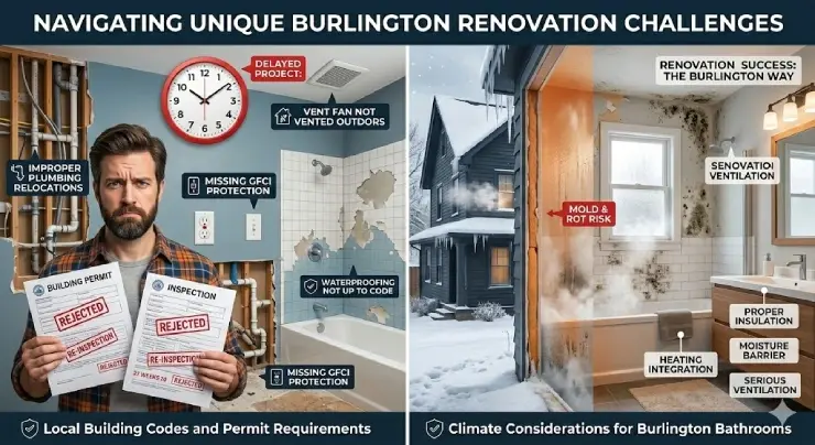 Bathroom renovation mistakes vs proper renovation in Burlington showing mold risk, poor ventilation, missing GFCI protection, and proper insulation.