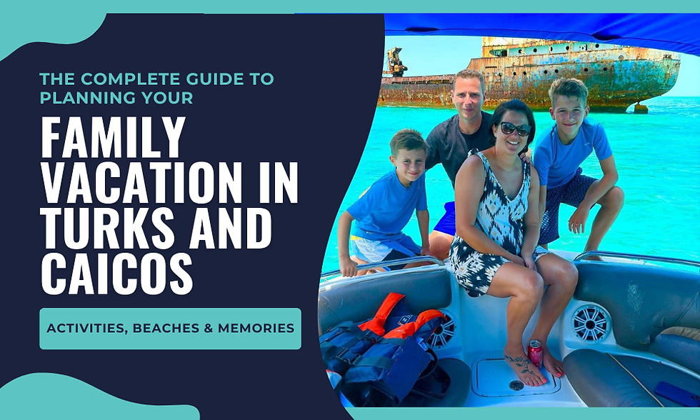 A family on a boat tour with Grace Bay Adventures during their family vacation in Turks and Caicos, featuring a historic shipwreck in the turquoise Caribbean water.
