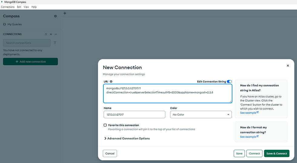 Imagem do MongoDB Compass de conexão com o Cluster