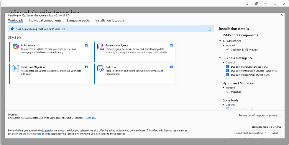 Escolha dos componentes a serem instalados do SSMS