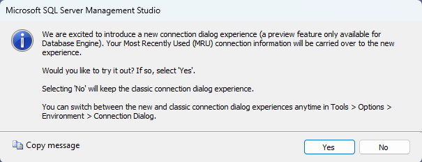 Mensagem sobre a nova experiencia sobre a utilização do SSMS