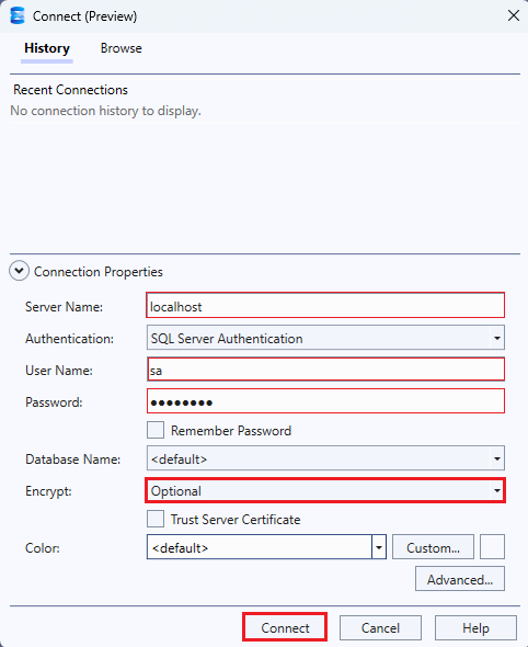 Propriedades da conexão para o SSMS