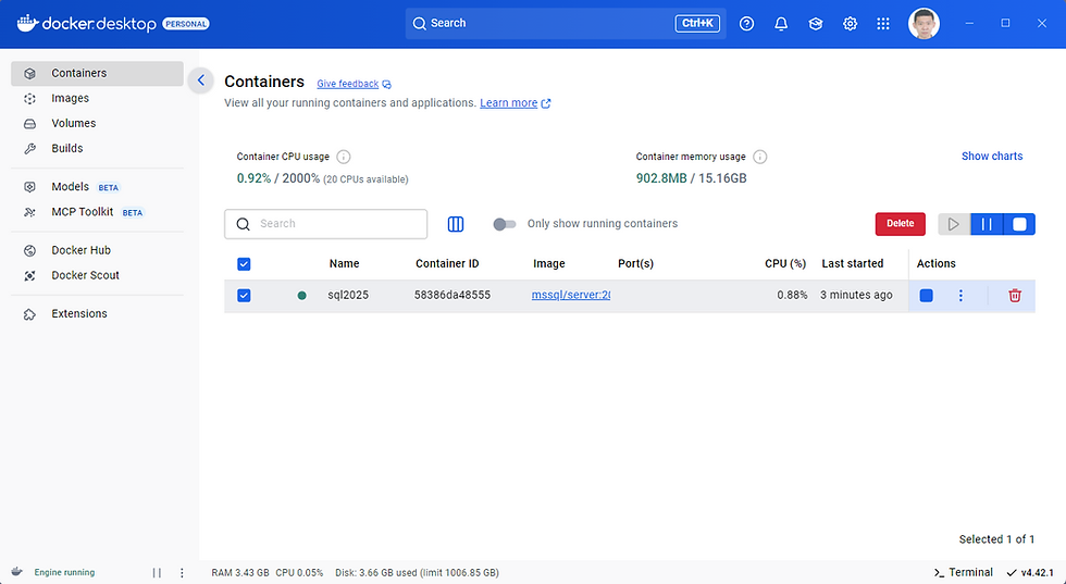 Docker Desktop e Container SQL Server 2025 estão sendo executados