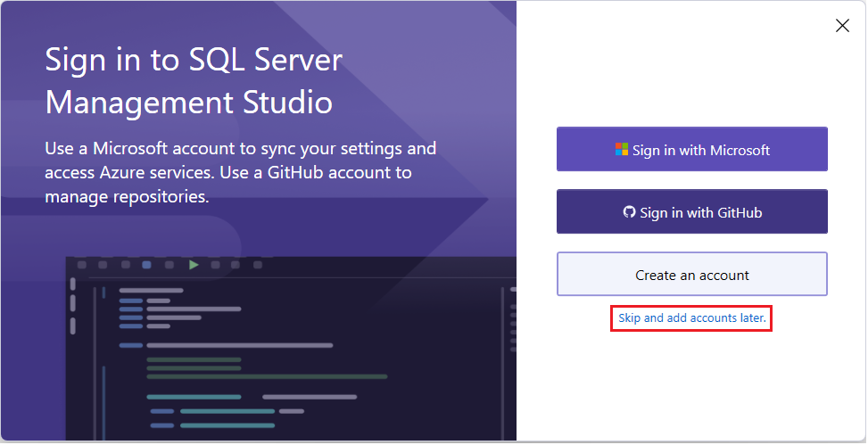 Tela inicial do SSMS, clicando em "Skip and add accounts later."