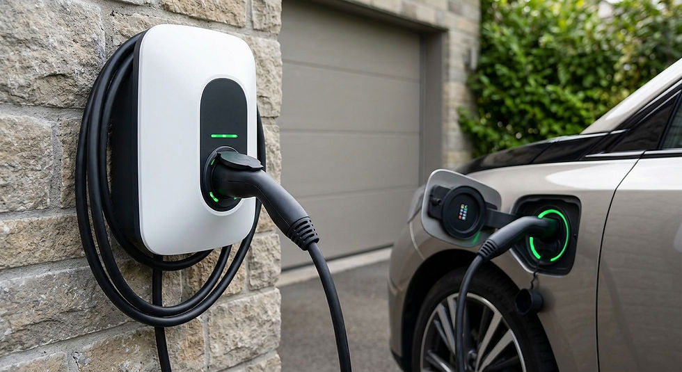 Stazione di ricarica domestica per auto elettriche con wallbox e cavo collegato a una vettura in carica in un vialetto privato.