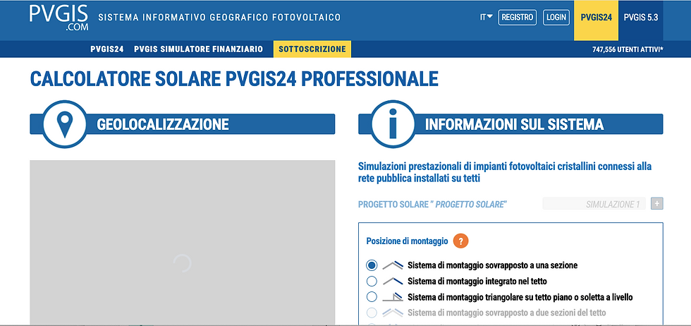 La schermata del calcolatore solare PVGIS24 professionale