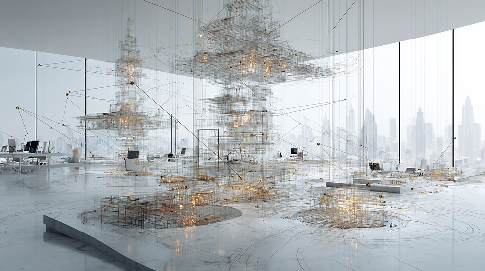 Architectural models and interconnected system blueprints representing the evaluation of financial technology and business infrastructure