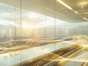 Futuristic financial operations center with structured data flows, representing payment optionality and multi-processor system design