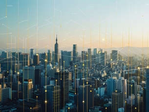 Modern financial district skyline with subtle gold data lines representing embedded finance architecture in SaaS platforms.