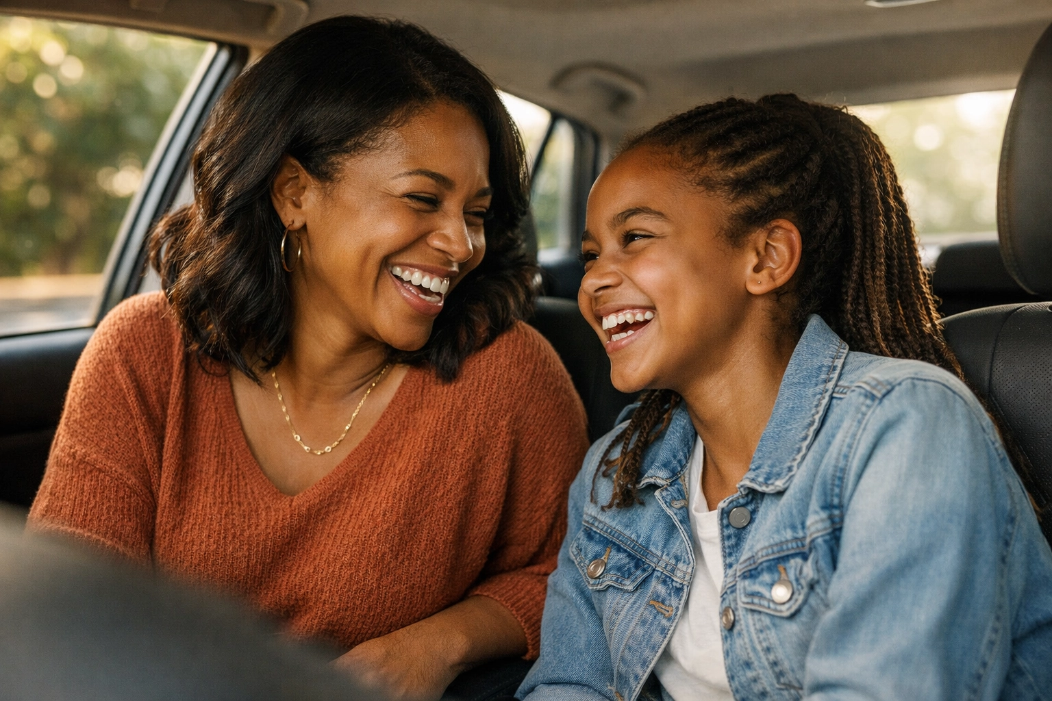 A mother and daughter sharing a joyful conversation together