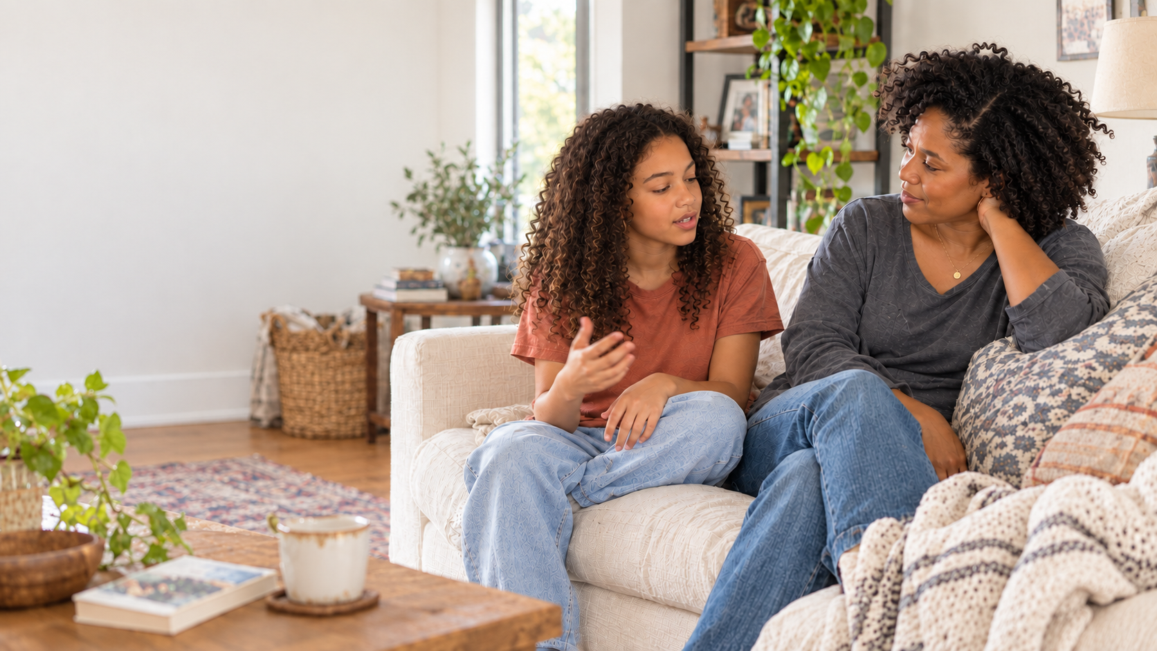 A mother listening as her daughter shares with her at home