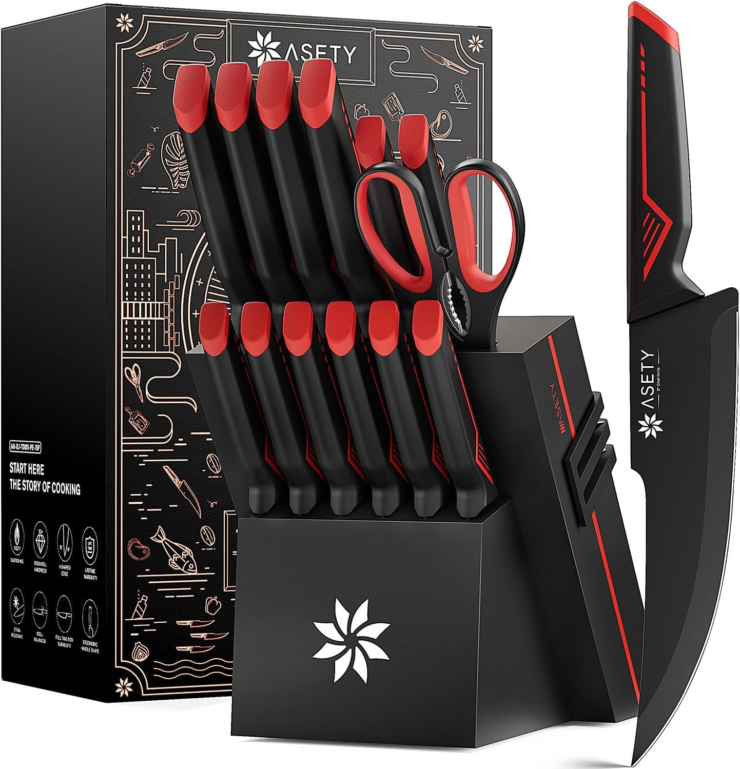 Knife Set with Block, 15 PCS Kitchen knife Set, Dishwasher Safe, Red (SO062)