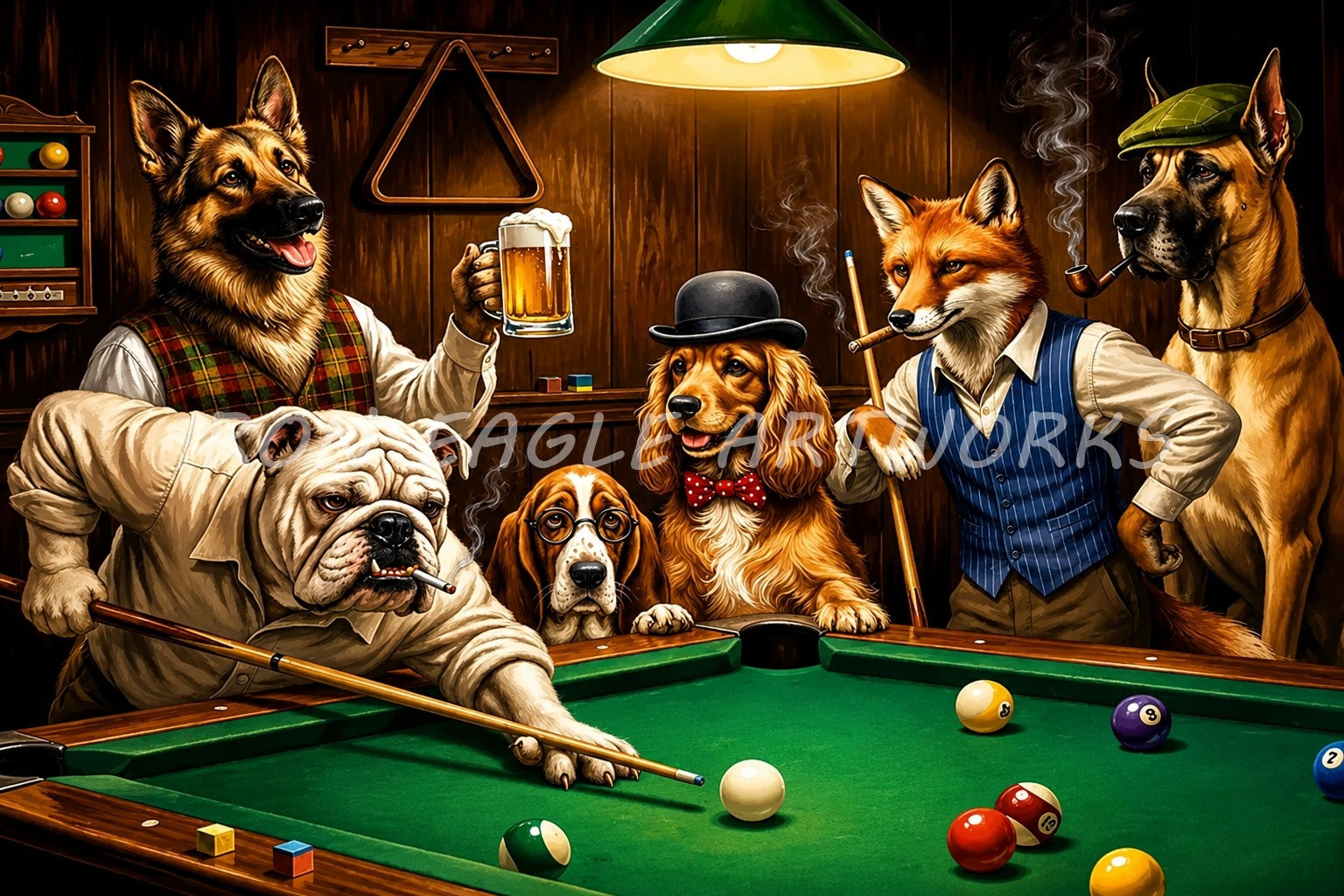 Dogs Playing Pool – Man Cave Edition - High Resolution