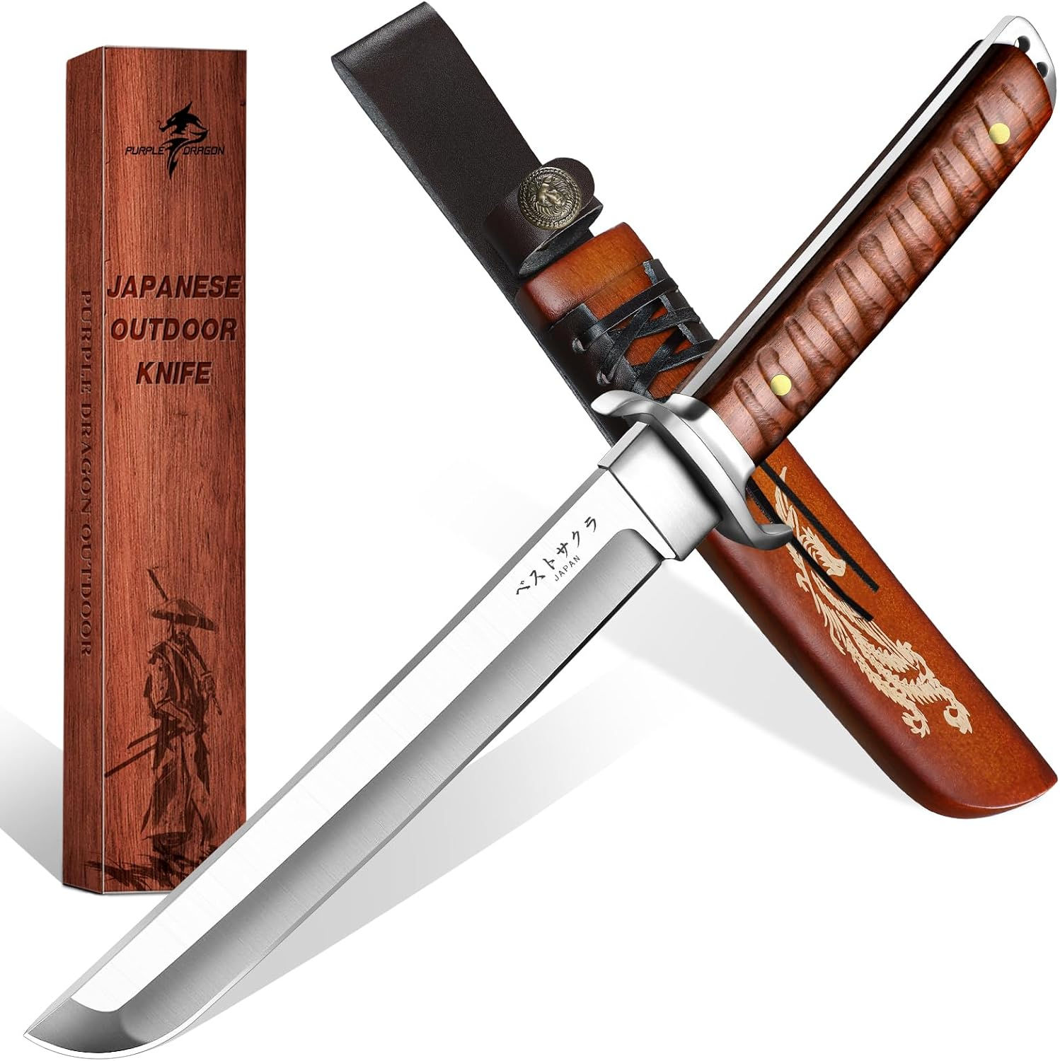 Purple Dragon Japanese Tanto Fixed Blade Knife with Engraved Sheath (SO054)