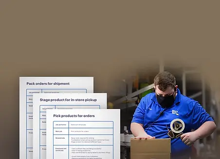 Pages of Jobs To Be Done activity maps beside a photo of a store employee packing a box for shipping