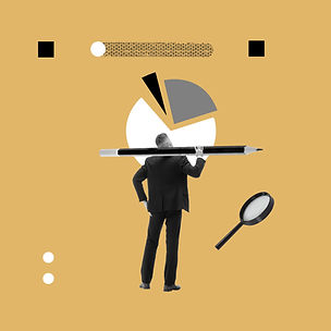 Businessman standing with giant pencil and looking at financial analytics. Taking risks. C