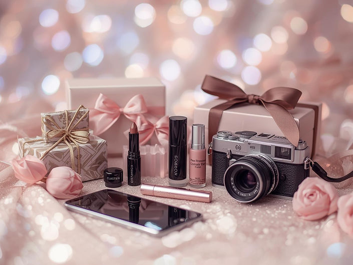 Still life di prodotti trucco e pacchetti regalo, macchina fotografica, cellulare.jpg