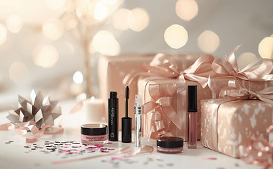 Still life di prodotti trucco e pacchetti regalo e accessori da festa ,non natalizia. Meno