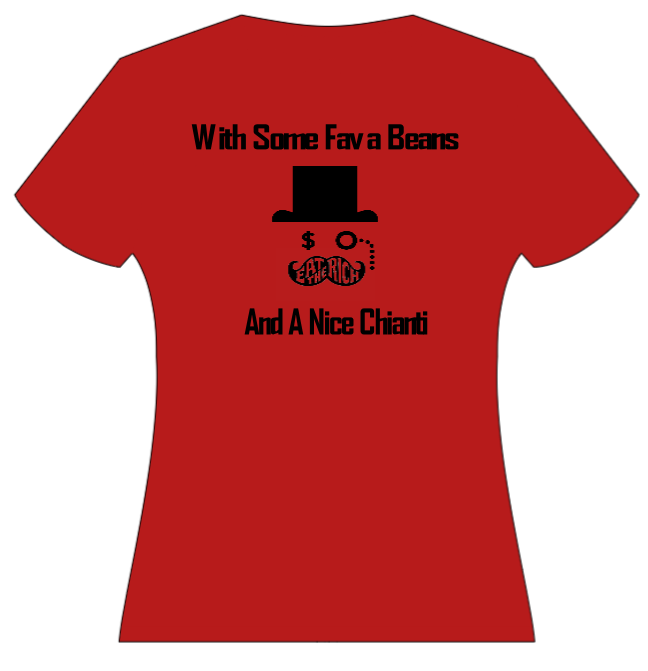 Red t-shirt with top hat monocle graphic and "With Fava Beans" text, Eat the Rich fandom design by Alias Tees