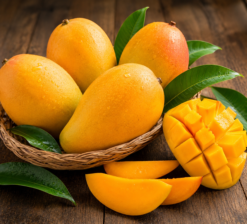 Ripe yellow mangoes in a basket and sliced on a table.