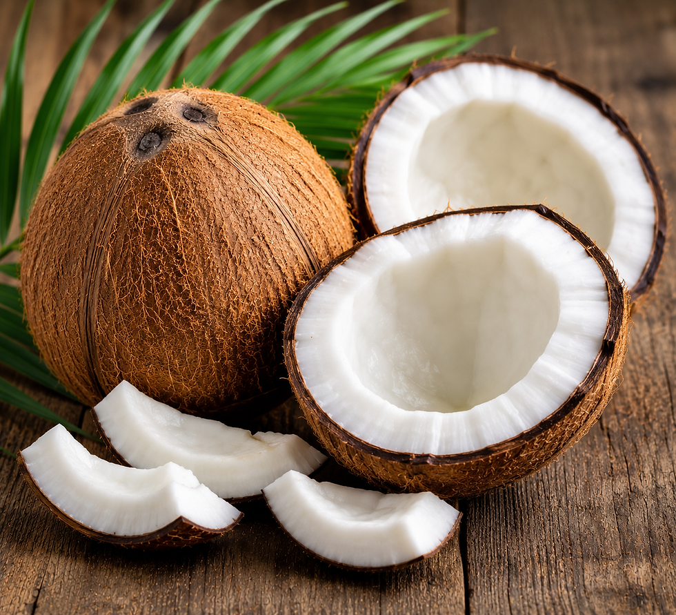 Whole and halved coconuts with fresh pieces on wood