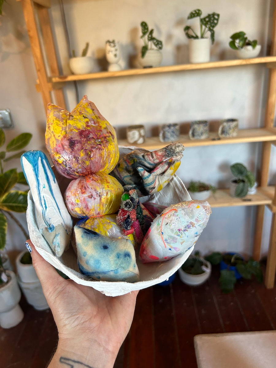 Original basket of touchable samples at Familiar Gallery