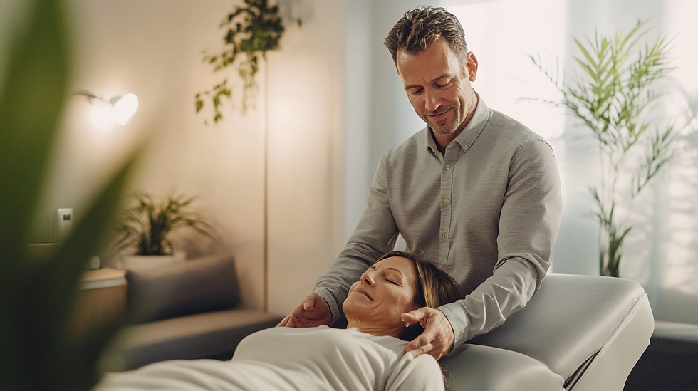 Osteopath gently massages a relaxed woman lying on a massage table in a serene room with soft lighting and green plants in the background.