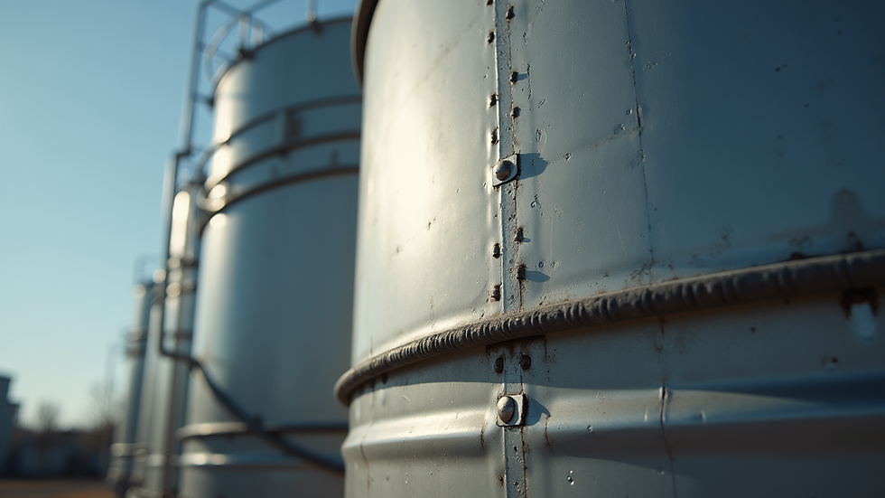 Close-up view of a steel water tank with visible welds and fittings
