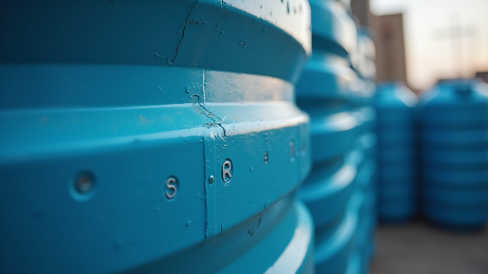Close-up view of a plastic water tank with capacity markings