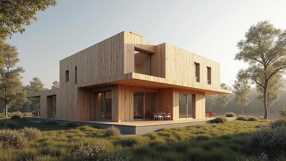 Eye-level view of a modern wooden house built with CLT panels
