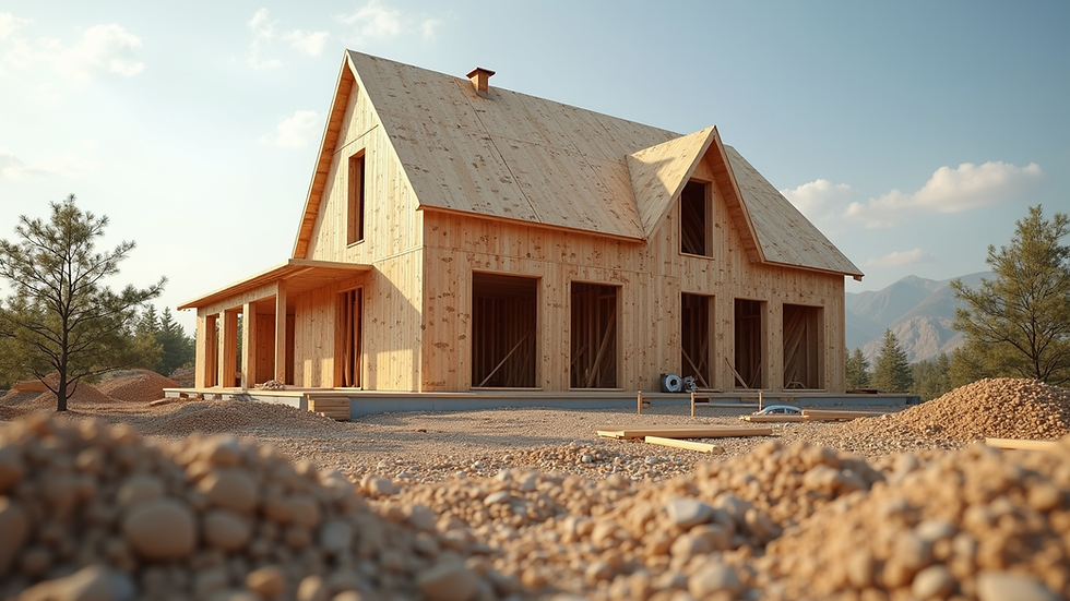 Eye-level view of a modern wooden house under construction with CLT panels