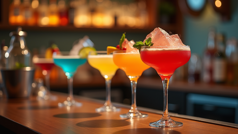 eye-level view of bar counter with colorful cocktails