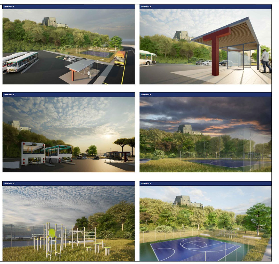 Rendering del progetto originario Terminal Bus Scalea con aree verdi e pensiline moderne