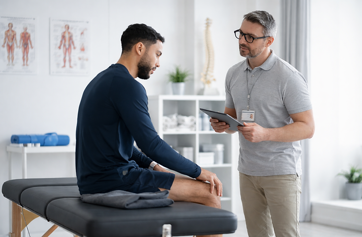 A physiotherapist stands beside a seated male patient, holding a tablet and discussing a treatment plan or assessment results in a modern clinical setting.