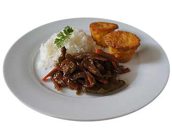 Tirinhas de carne com legumes, arroz e s