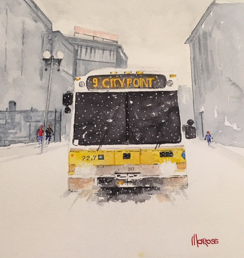 A city bus driving through a snowstorm.