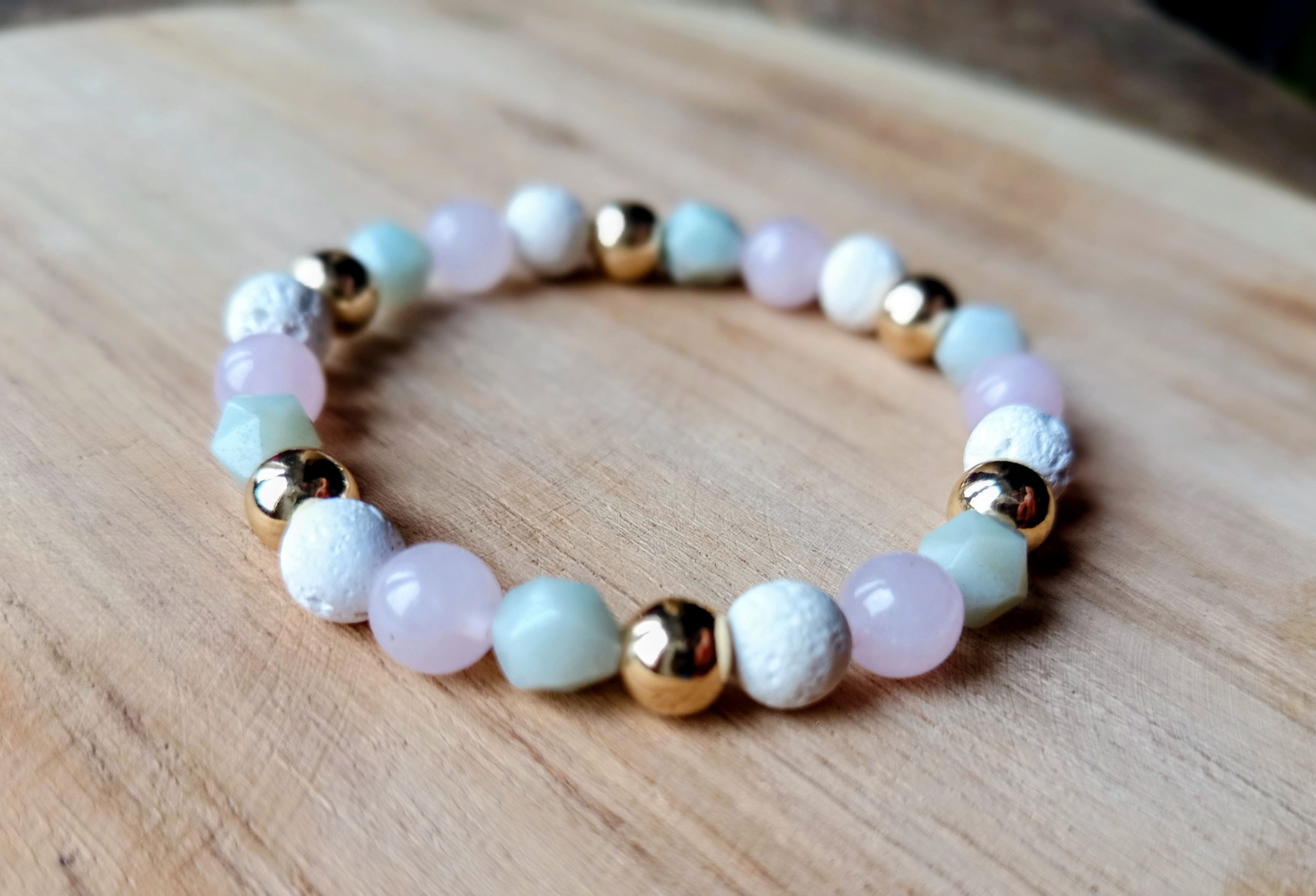 Bracelet Quartz rose, Amazonite, Pierre de lave.