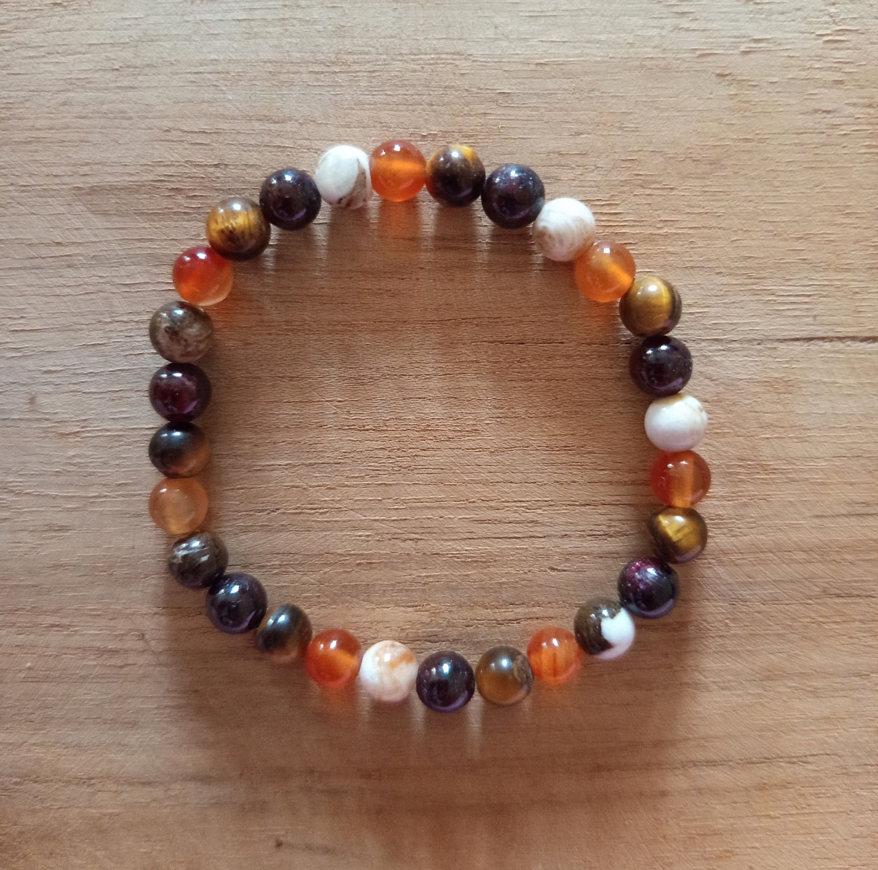 Bracelet Cornaline, Bois fossilisé, Oeil de tigre, Grenat.