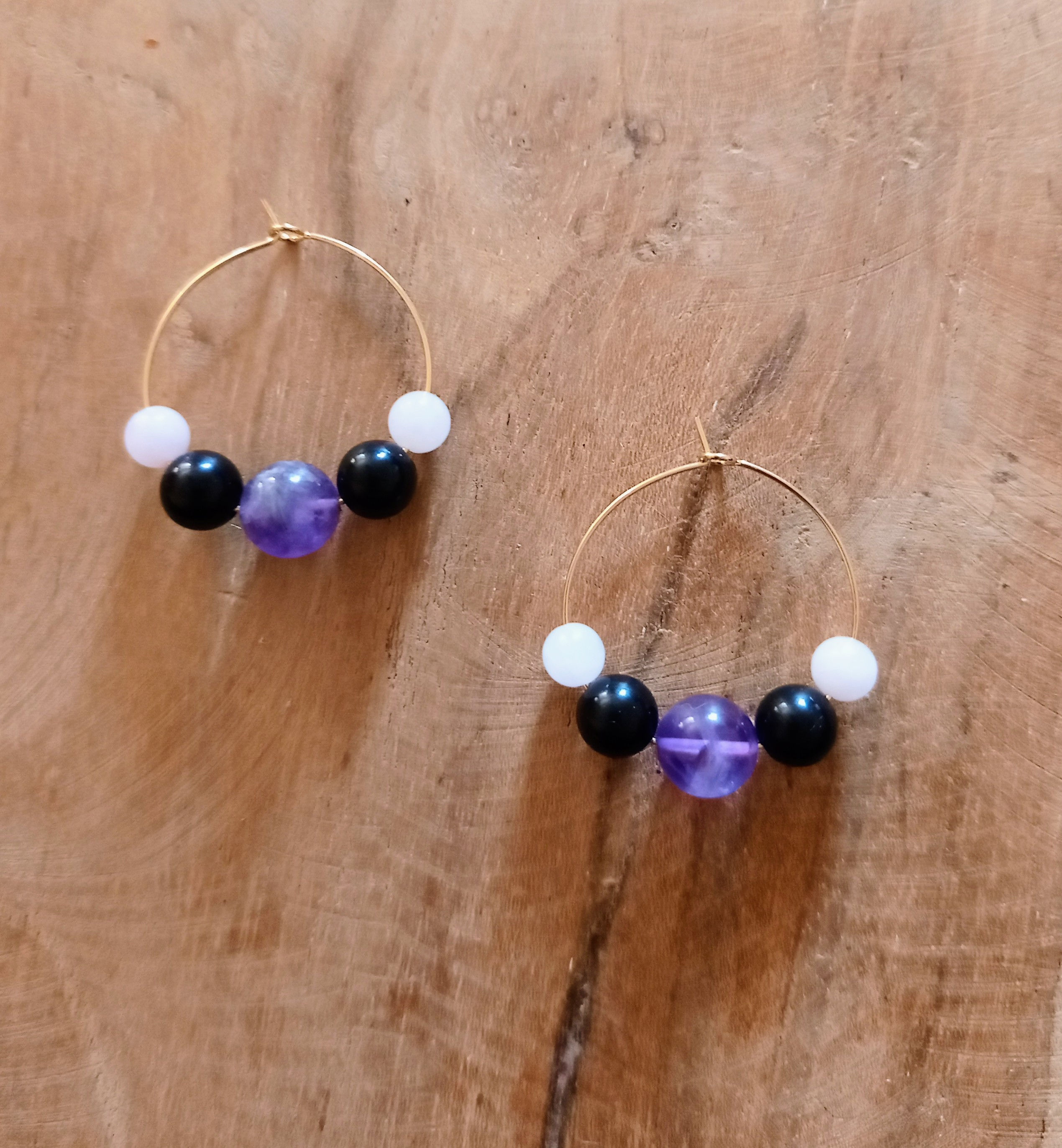 Créoles Améthyste, Obsidienne & Quartz rose