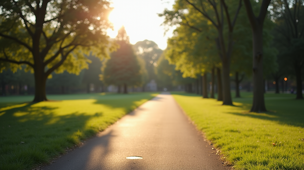 Eye-level view of a serene park with a walking path