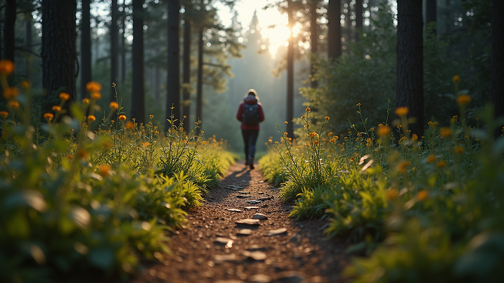 Eye-level view of a person walking on a forest trail