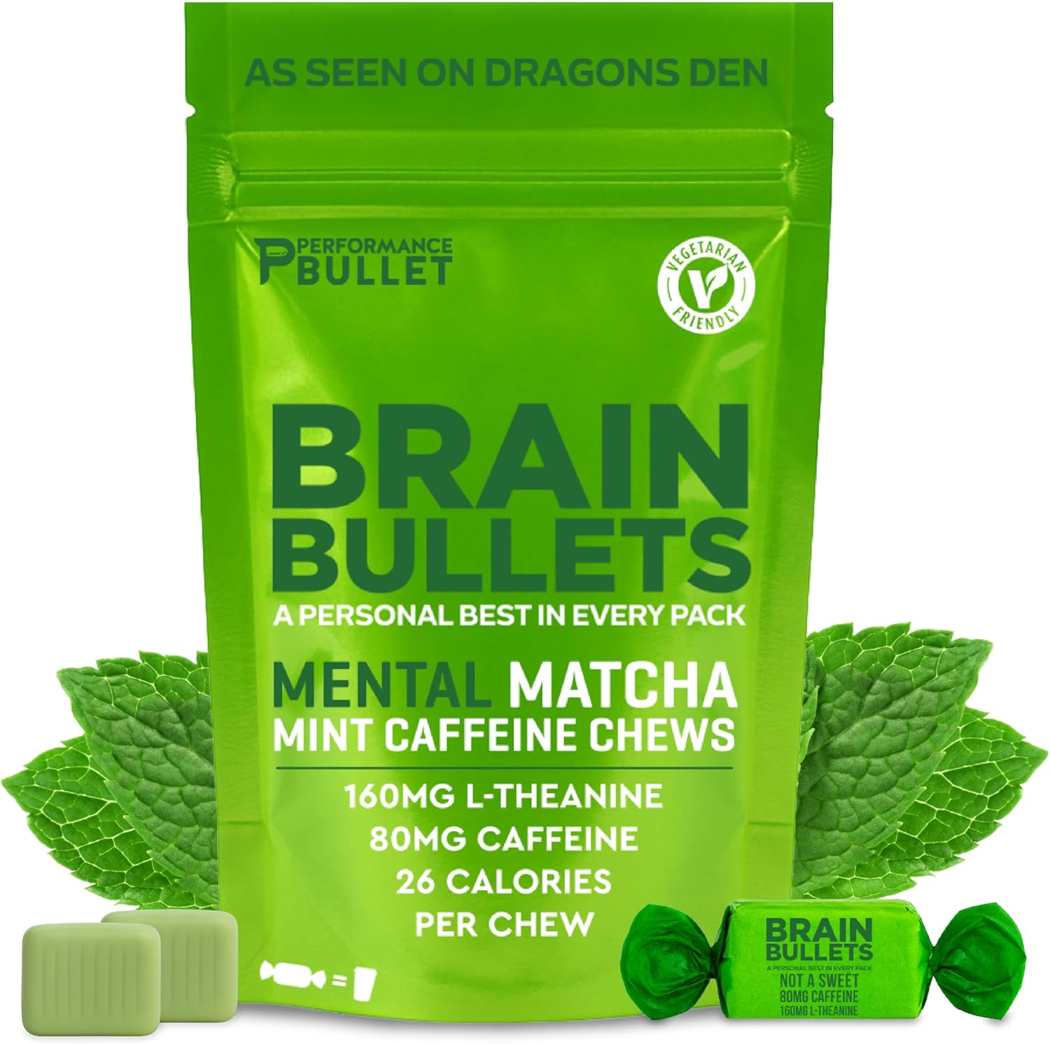 80Mg Caffeine & 160Mg L-Theanine Chews | Mint Matcha | 16 Servings
