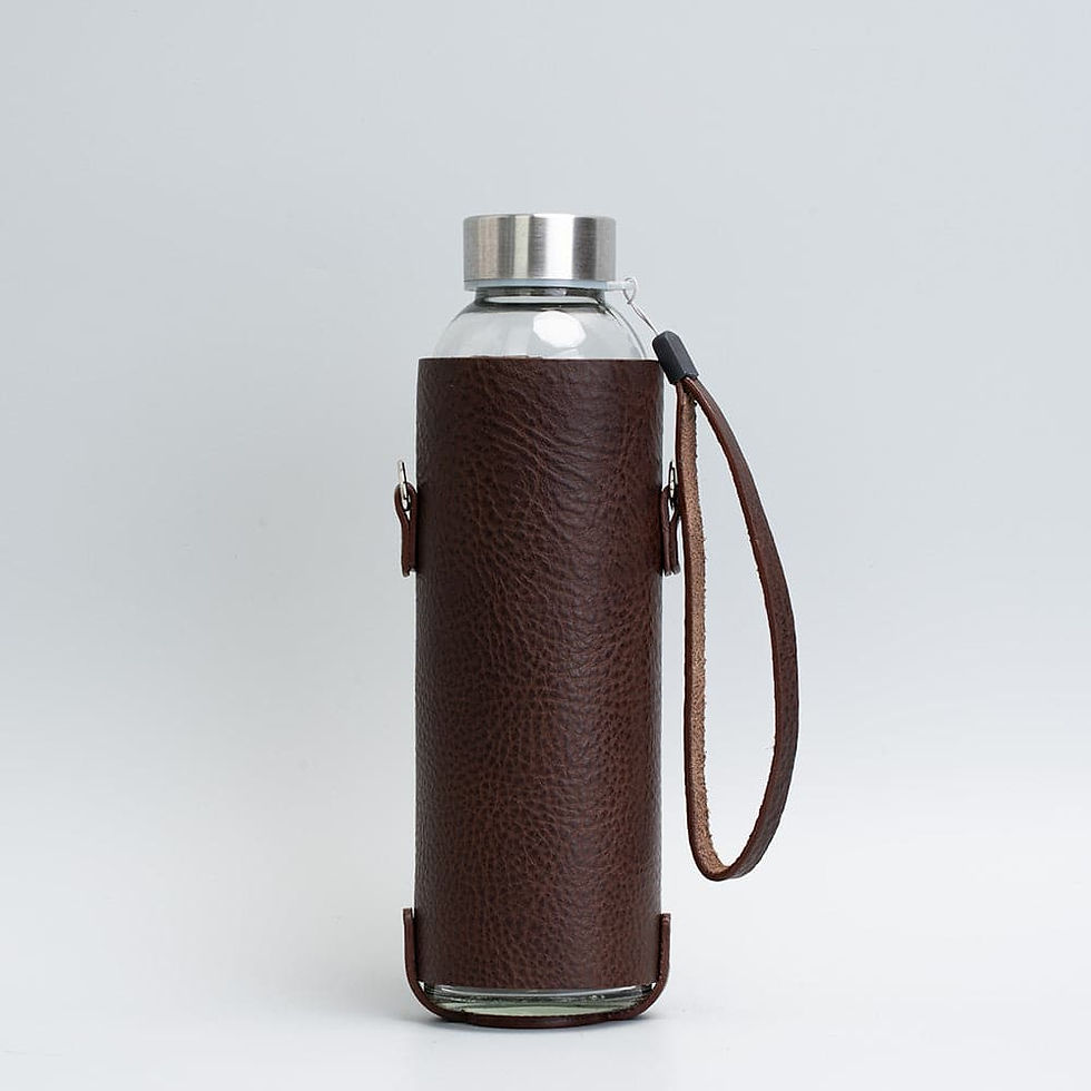 Thumbnail: Leather water bottle holder with strap and glass bottle