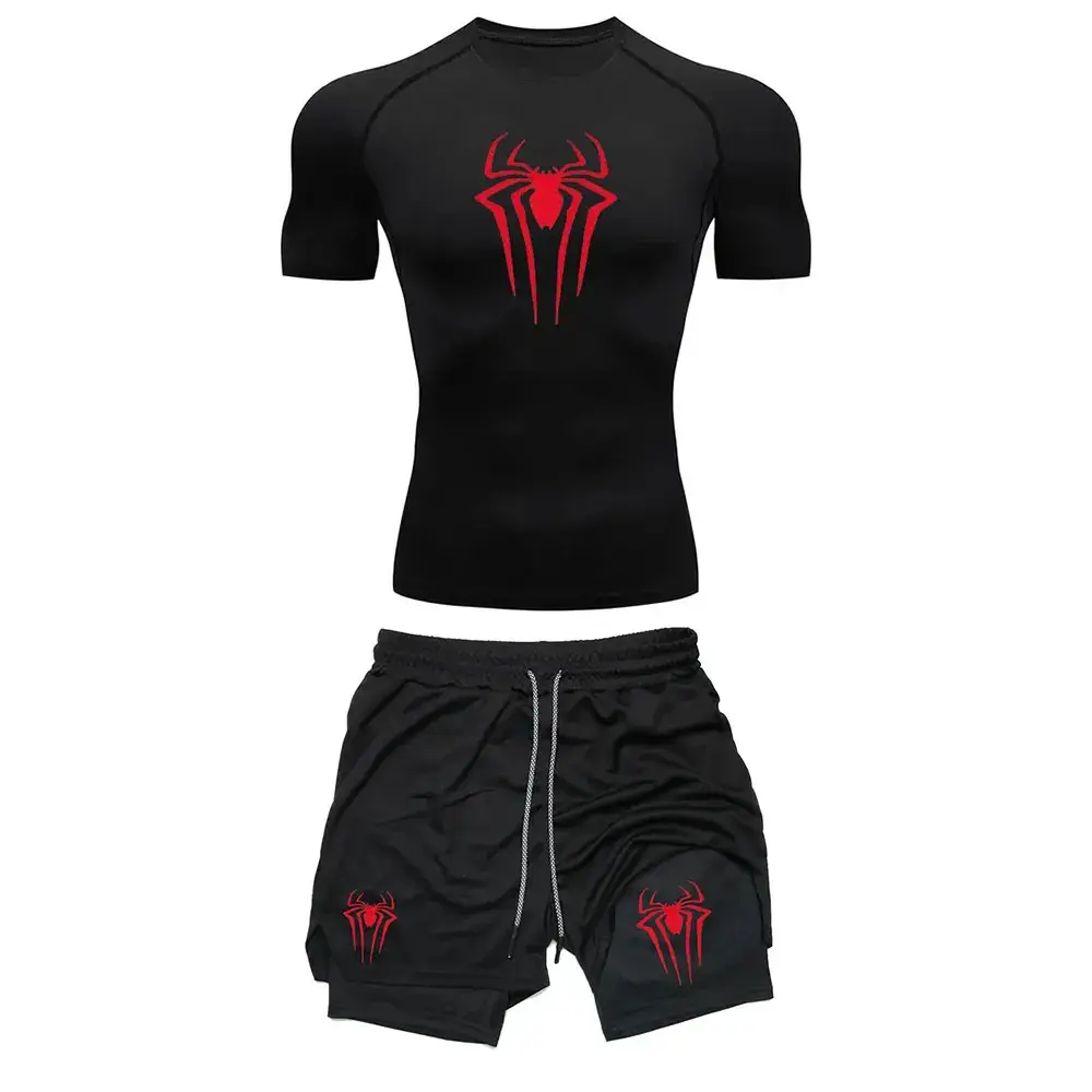 Men's Workout Compression Set Y2K Spider Printed Gym Tshirts Breathable Running 