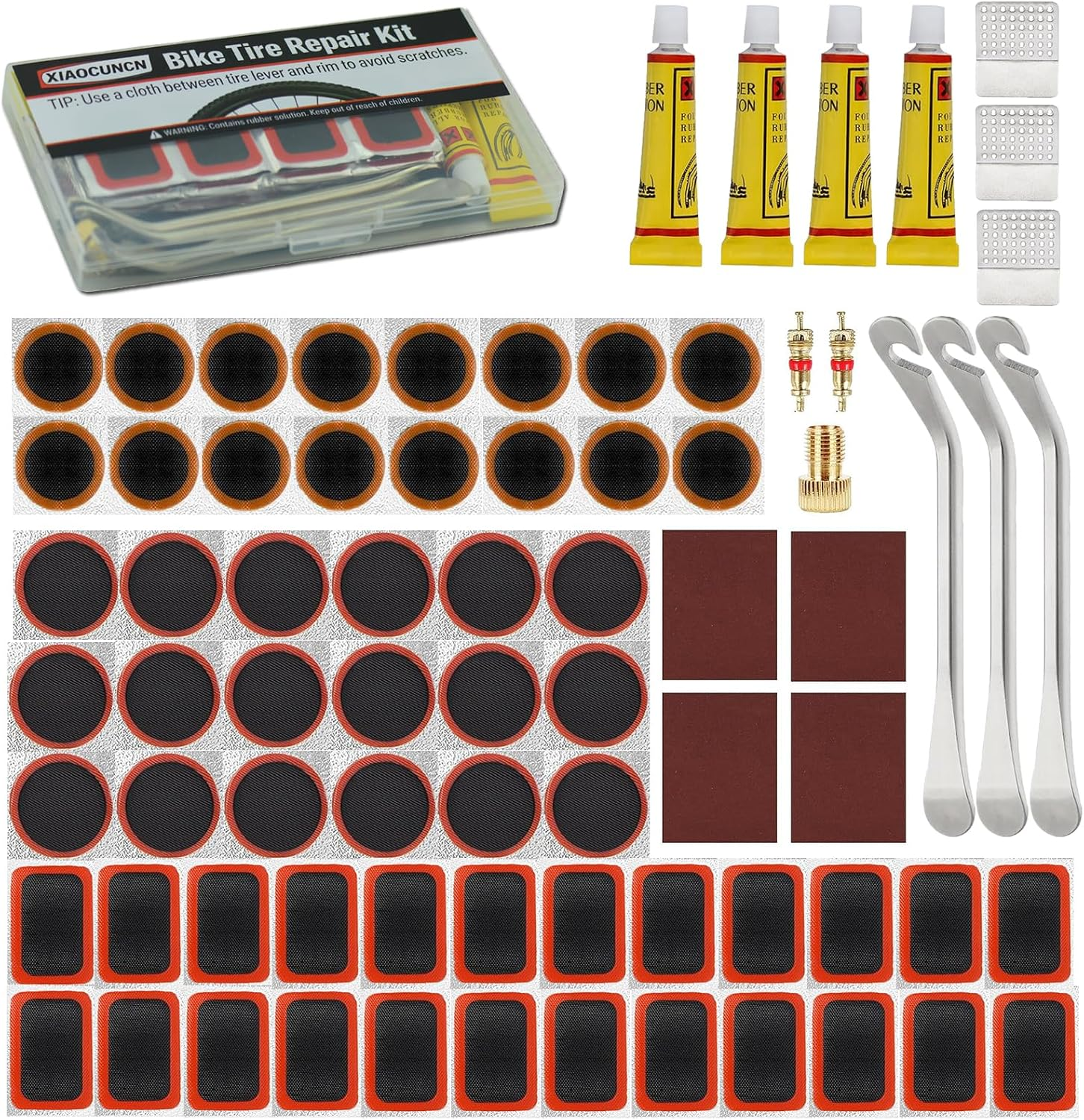 Bike Tire & Inner Tube Repair Kit, 58 PCS Patch Kit with 4 Glues, 3 Metal Tire L