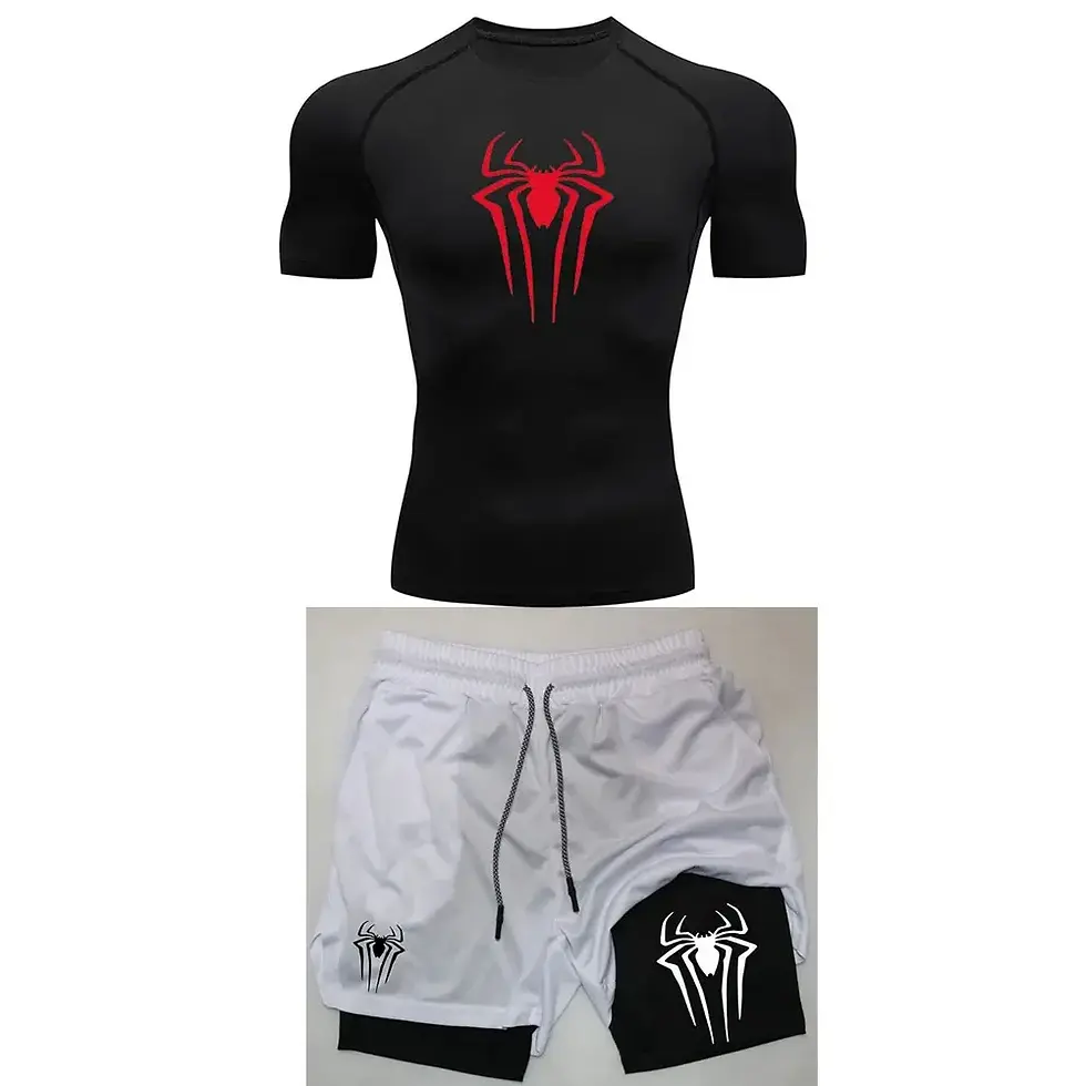 Thumbnail: Men's Workout Compression Set Y2K Spider Printed Gym Tshirts Breathable Running 