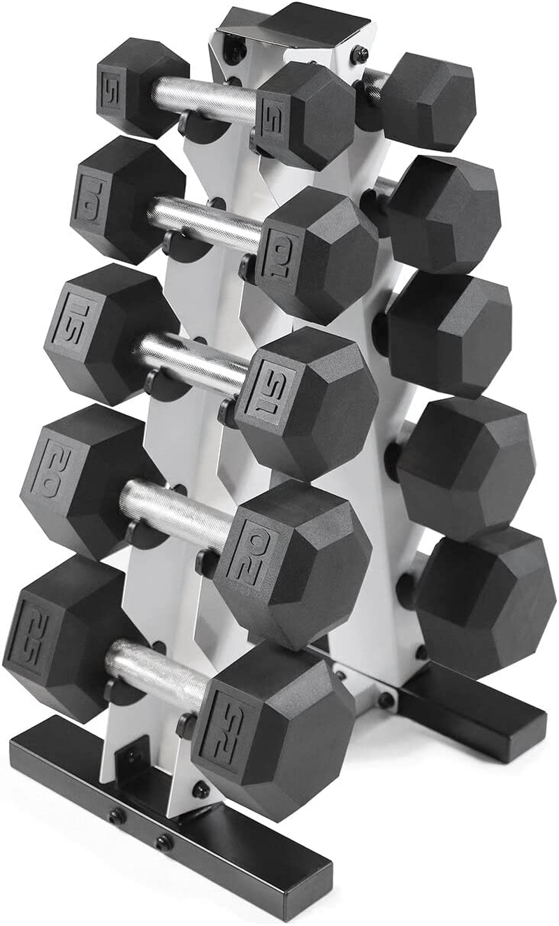 WF Athletic Supply 5-25Lb Rubber Coated Hex Dumbbell Set with a Frame Storage Ra
