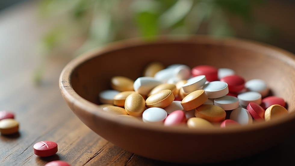 Close-up view of assorted capsules and tablets in a wooden bowl